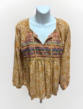 Savanna Jane Embroidered Peasant Blouse Womens Large Mustard Boho Long Sleeve